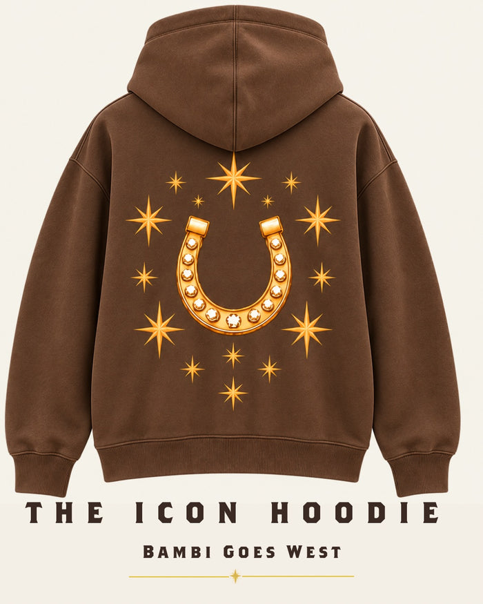 The Icon Hoodie in mocha, back: a large jeweled gold horseshoe ringed with stars.