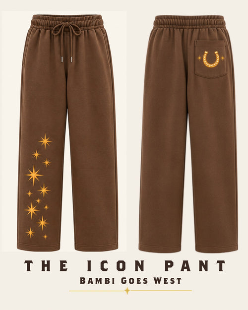 The Icon Pant in mocha, front and back: gold stars down the lower leg and a horseshoe on the back pocket.