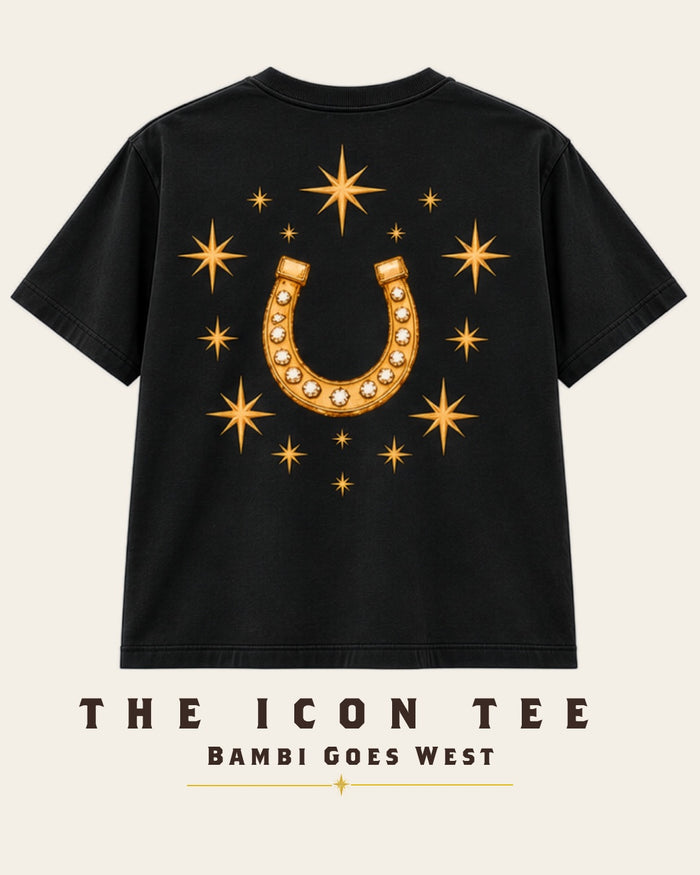 The Icon Tee in black, back: a jeweled gold horseshoe ringed with stars.